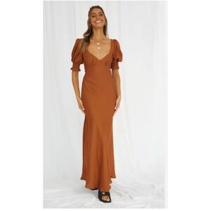 Indikah Brown Ruched Puff Sleeve Square Neck Maxi Dress Cutout Back